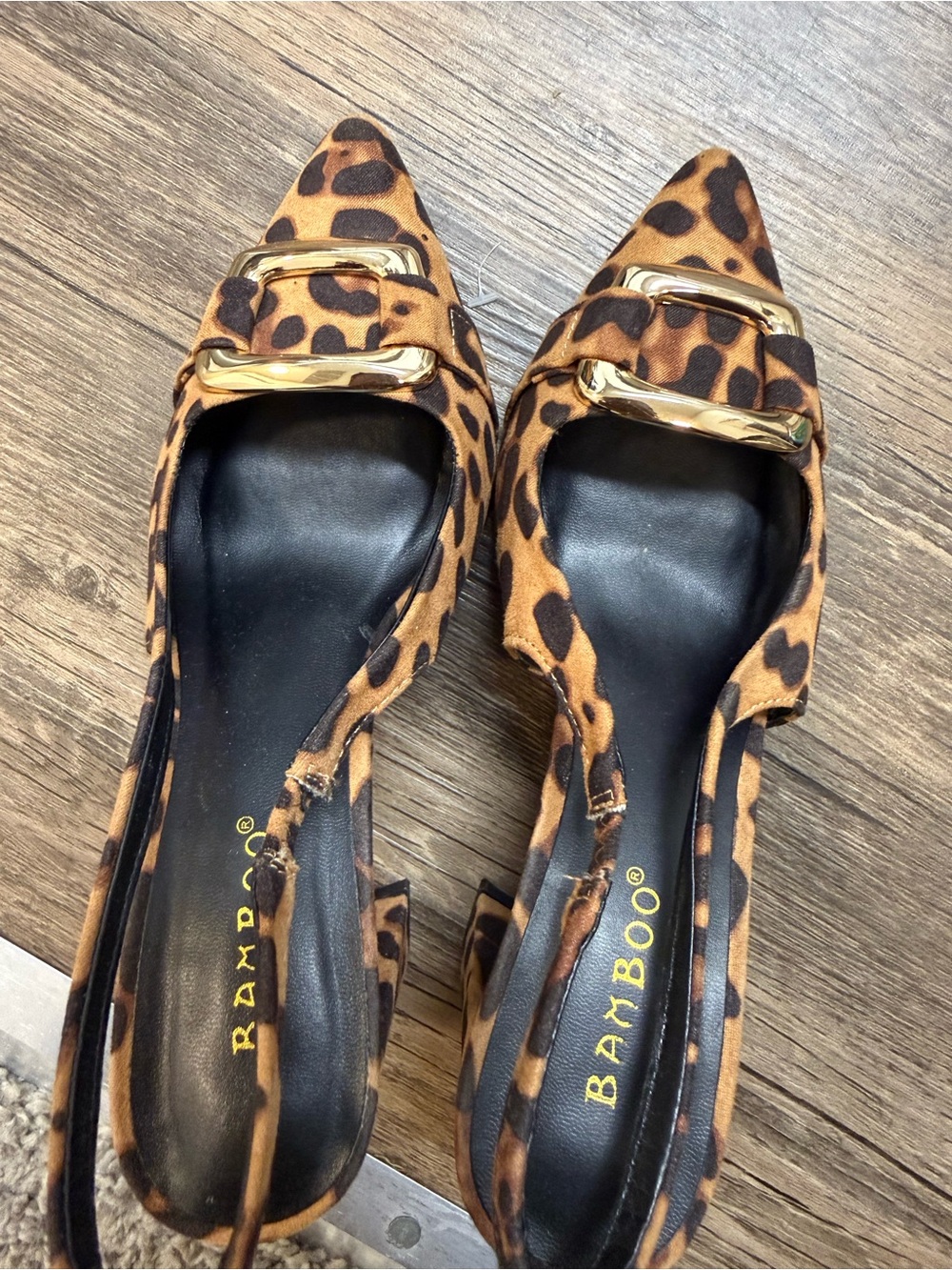 BAMBOO Leopard Print Pointed Toe Slingback Flats with Gold Buckle